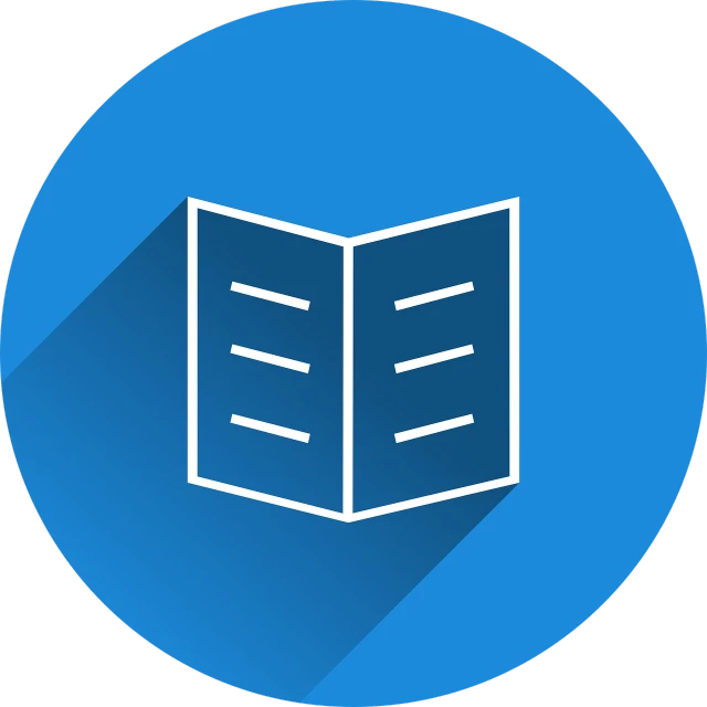 a book icon with a long shadow on a blue circle, a screenshot, pixabay, private press, schematic in a notebook, folded, newspaper, construction