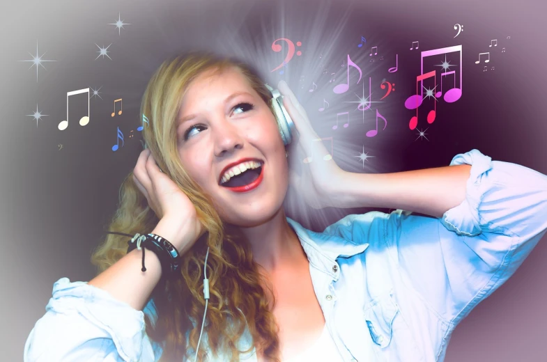 a woman is listening to music with headphones, a digital rendering, by John Luke, pixabay, happening, disco smile, hollywood promotional image, cheerful atmosphere, medium detail