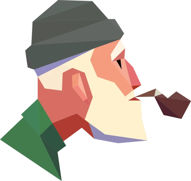 a man with a beard and a hat smoking a pipe, a low poly render, inspired by Emiliano Ponzi, cubism, wikihow illustration, close - up profile, low polygons illustration, the look of an elderly person