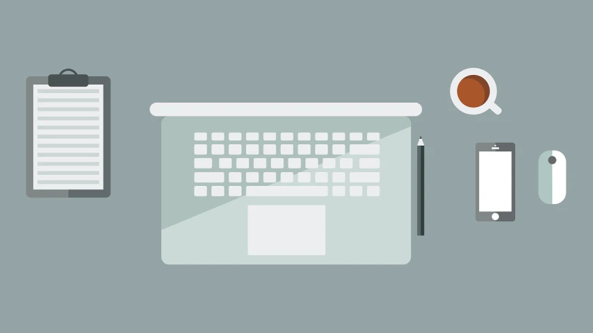 a laptop computer sitting on top of a desk next to a cup of coffee, shutterstock, computer art, flat colors and strokes, flat grey background, banner, serene illustration