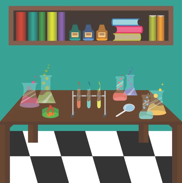 a table that has some books on it, inspired by Emiliano Ponzi, shutterstock, process art, experimenting in her science lab, miami. illustration