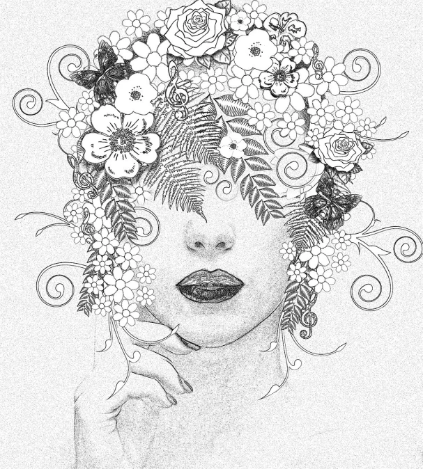 a drawing of a woman with flowers in her hair, trending on pixabay, pointillism, surreal + highly detailed, floral headpiece, colorless, woman made of plants