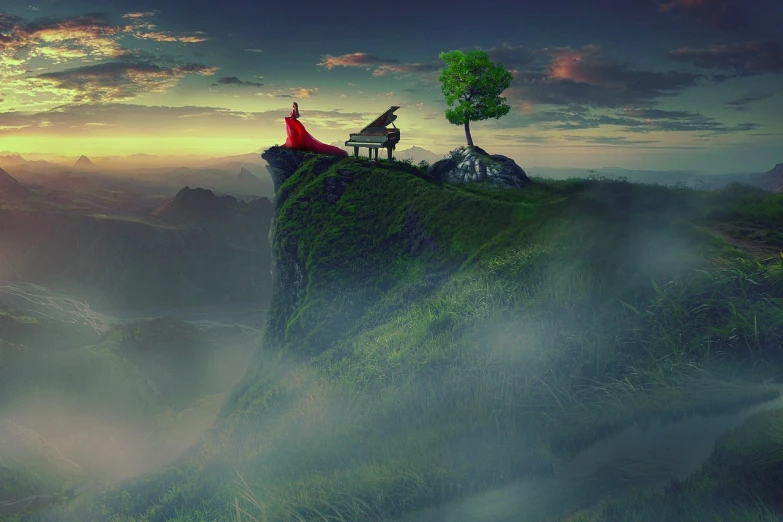a person sitting on a bench on top of a mountain, a matte painting, inspired by Gediminas Pranckevicius, romanticism, grand piano, dressed in a beautiful red cloak, photo - manipulation, standing on top of a piano