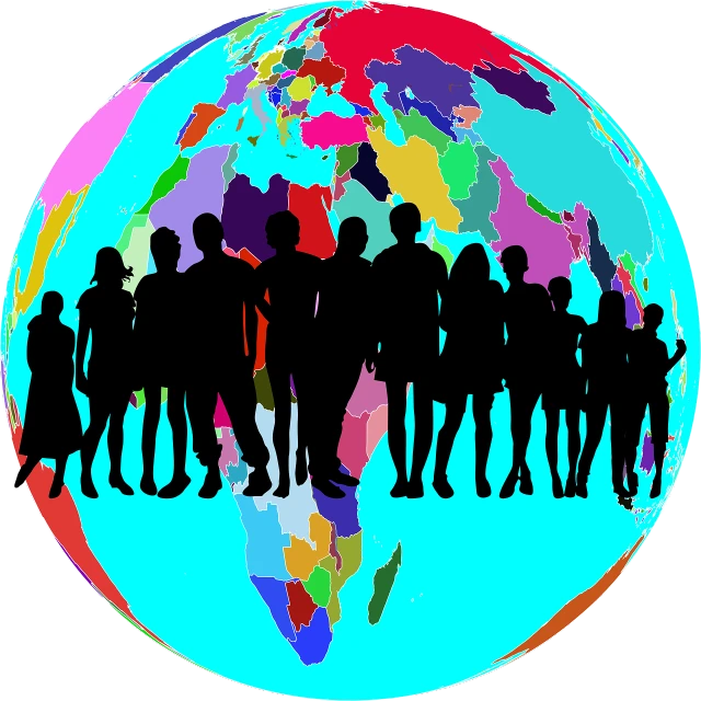 a group of people standing in front of a globe, by Ingrida Kadaka, pixabay, excessivism, african american, colorful image, detailed silhouette, family photo