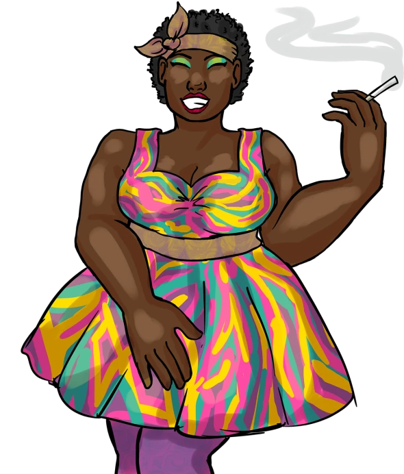 a woman in a colorful dress smoking a cigarette, a character portrait, inspired by Norma Bull, tumblr, funk art, curves!!, ebony, wearing a sundress, mid 2 0's female