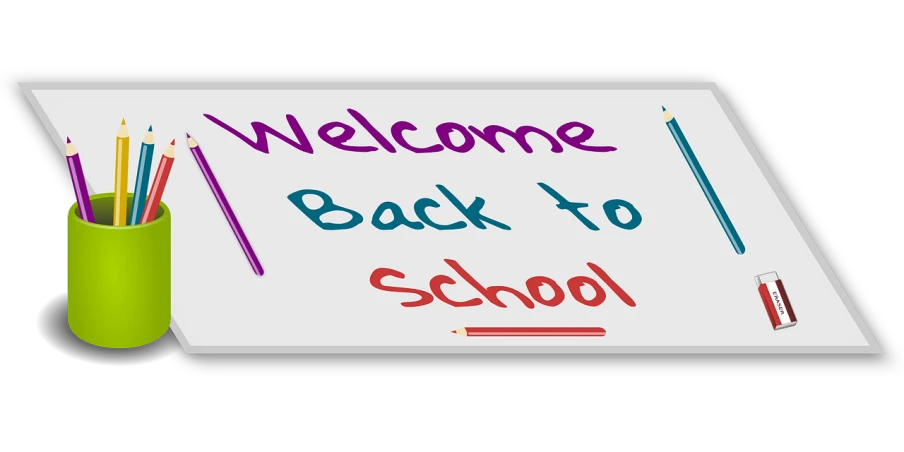 a whiteboard with the words welcome back to school written on it, a digital rendering, shutterstock, no gradients, 2 0 0 0's photo, 513330673, istockphoto