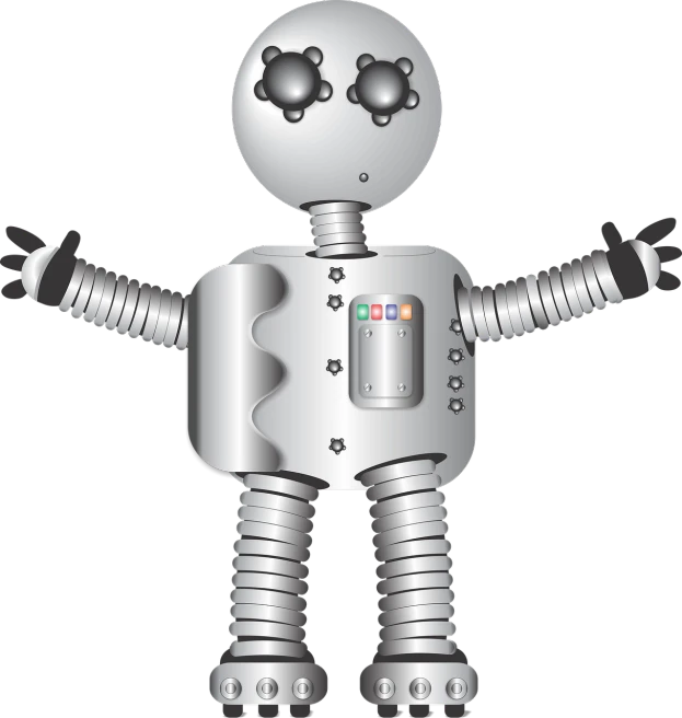 a silver robot standing in front of a black background, vector art, clipart, toy design, metal, black main color