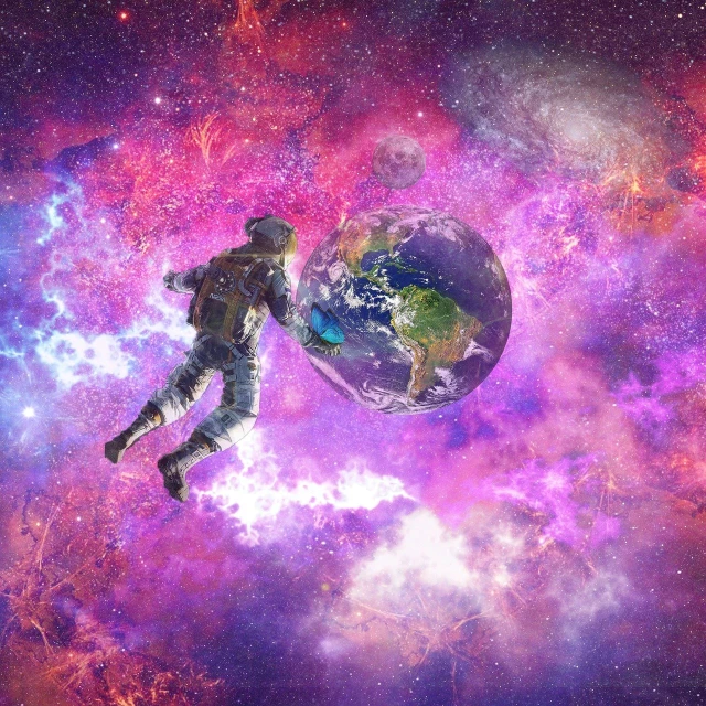 an astronaut floating in space next to the earth, concept art, extremely psychedelic experience, floating in the cosmos nebula, earth and pastel colors, taking from above