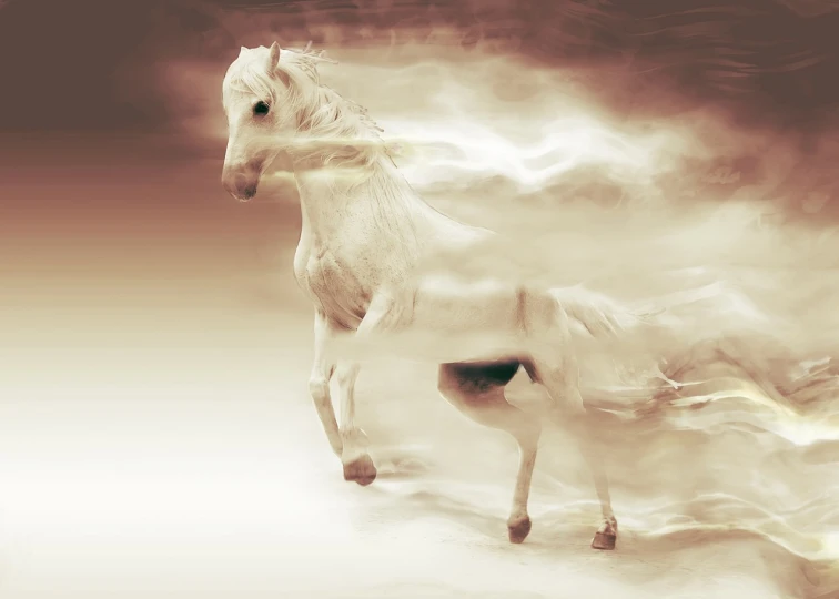 a white horse running through a cloud filled sky, a digital rendering, shutterstock contest winner, romanticism, sepia, swirling flows of energy, motion photo, istock