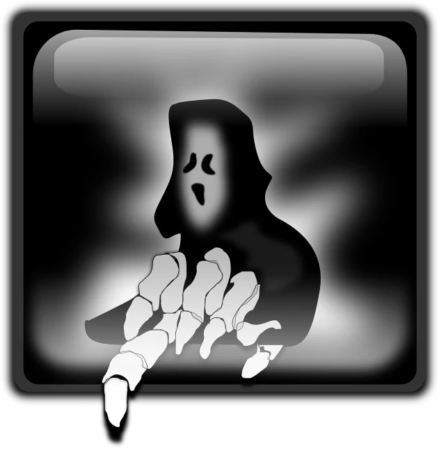 a black and white picture of a person smoking a cigarette, vector art, by Tom Carapic, trending on pixabay, shock art, halloween ghost under a sheet, with pointing finger, transparent ghost screaming, overlooking