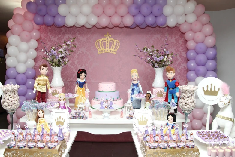 a table topped with lots of cupcakes covered in frosting, a picture, by Rhea Carmi, rococo, princess girl, party balloons, as 3 figures, violet colored theme