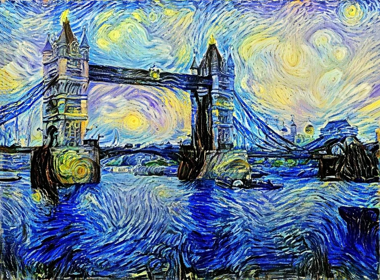 a painting of a bridge over a body of water, a pointillism painting, inspired by Vincent Proce, tower bridge, ai enhanced digital art, von gogh, the sun glitchart