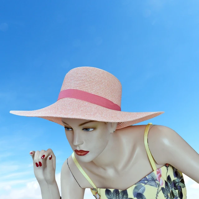 a close up of a mannequin wearing a hat, a colorized photo, inspired by Bunny Yeager, pixabay, digital art, highly detailed giantess shot, she is easting a peach, very realistic 3 d render, bright sky
