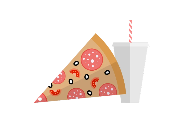 a slice of pizza and a drink with a straw, vector art, black background!!!!!, 🎀 🧟 🍓 🧚, flat icon, realistic footage