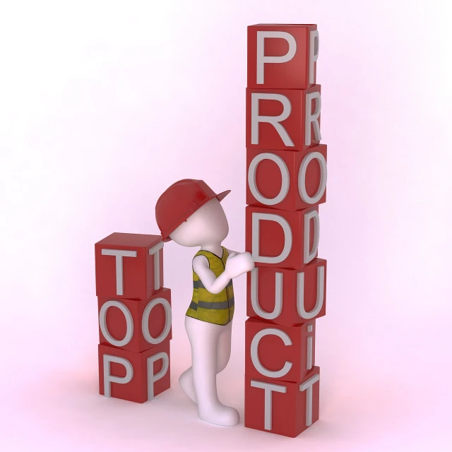 a person standing next to a stack of cubes with the word product written on them, concept art, 3 d character art, stp, fullbody photo, stick figure