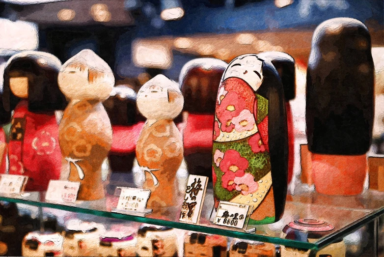 a group of wooden dolls sitting on top of a glass shelf, a tilt shift photo, flickr, ukiyo-e, digital watercolor painting, colored market stand, enhanced photo, japanese collection product