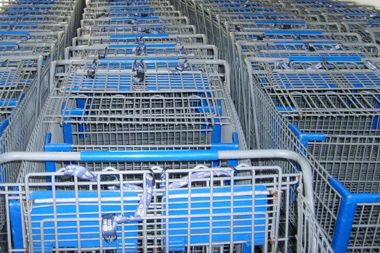 a bunch of shopping carts sitting next to each other, flickr, precisionism, walmart, blue - print, pareidolia, intense shading