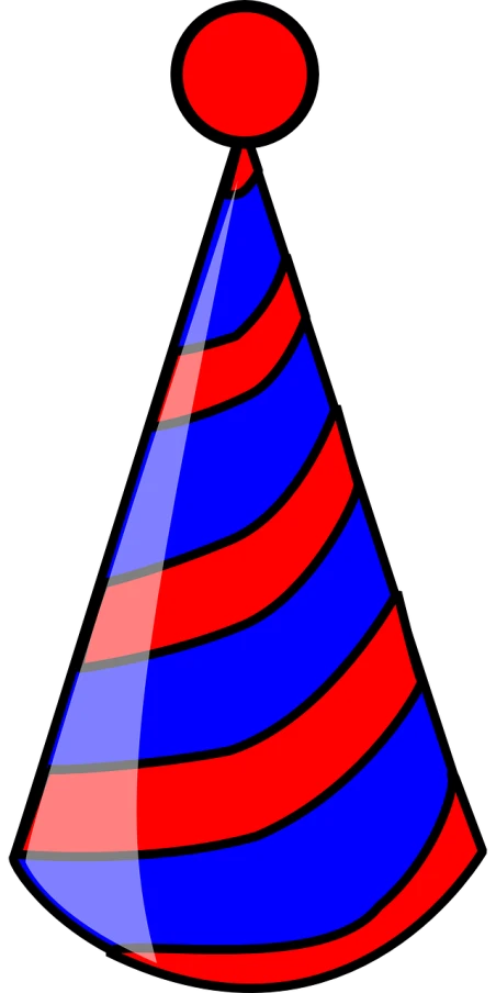 a red and blue party hat on a black background, a digital rendering, striped, clipart, birthday party, twisted giant tower