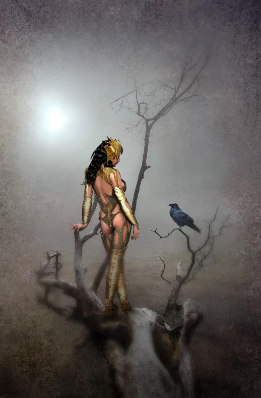 a woman standing on top of a tree next to a bird, concept art, inspired by Luis Royo, golden goddess athena, digitally painted, bastet, full body concept