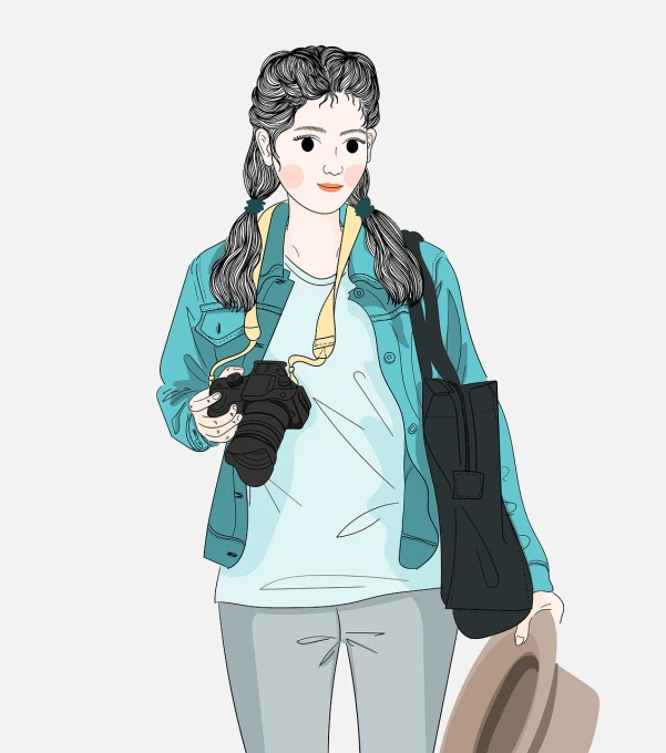 a woman in a blue jacket holding a brown bag, vector art, digital art, holding a camera, a beautiful teen-aged girl, traveling clothes, attractive cat girl