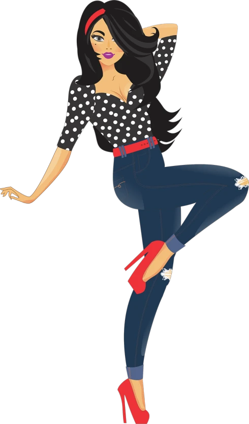 a woman in a polka dot shirt and jeans, by Olivia Peguero, trending on pixabay, pop art, spiderwoman!!!!!, with black hair, a woman wearing red high heels, lineless