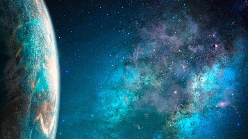 a view of the earth from space, digital art, trending on cg society, banner, starfinder style, blue nebula, from the side