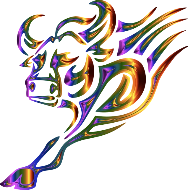 a colorful drawing of a bull on a black background, a raytraced image, inspired by Umberto Boccioni, digital art, holographic effect, mascot illustration, lisa frank & sho murase, 3 d design for tattoo