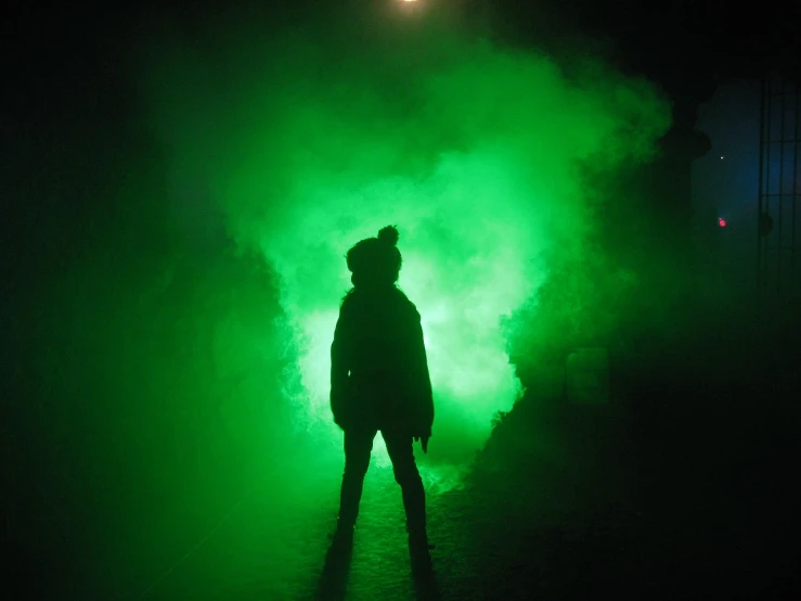 a person standing in front of a green light, smoke grenades, vivid atmospheric lighting, character silhouette, atmospheric fog and lighting