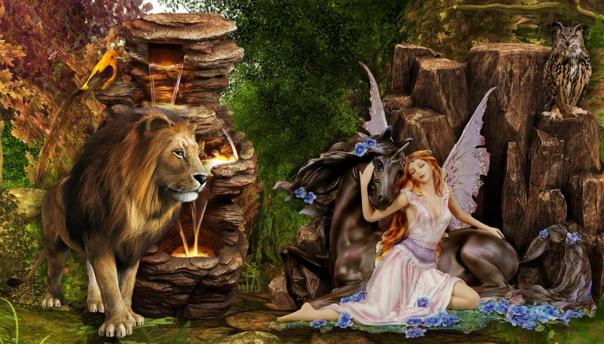 a woman sitting on a rock next to a lion, an airbrush painting, by Cindy Wright, trending on pixabay, fantasy art, fairy kingdom forest, male centaur centaur chimera, 3d magical details, fairyland bridge