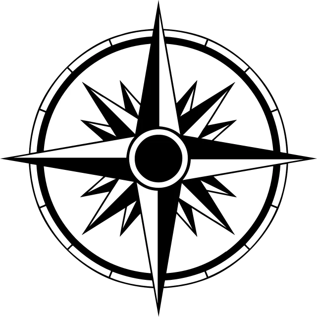 a black and white compass symbol on a black background, vector art, by Niko Henrichon, trending on pixabay, steam workshop maps, vector sticker, vector art panel for cnc plasma, trending on pixart”