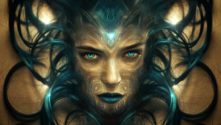 a digital painting of a woman with blue eyes, fantasy art, golden face tattoos, symmetical face, electric woman, epic fantasy art style hd