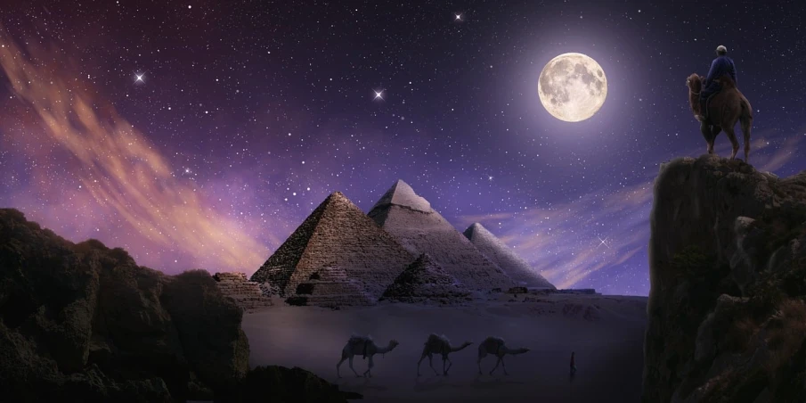 a man riding on the back of a camel next to a pyramid, egyptian art, by Julia Pishtar, pexels contest winner, surrealism, the moon orbiting other moons, ethereum, ✨🕌🌙