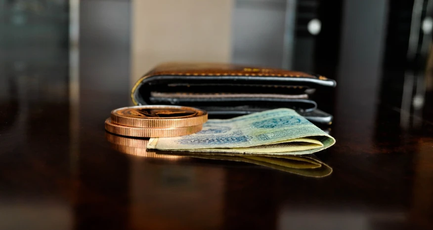 a wallet and some money on a table, a portrait, pixabay, hurufiyya, india, cryptocurrency in the background, left profile, copper and brass