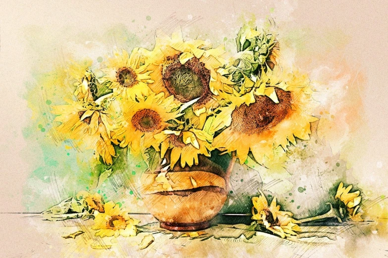 a painting of sunflowers in a vase on a table, a digital painting, mixed media style illustration, watercolor inpaint, andrey gordeev, center view