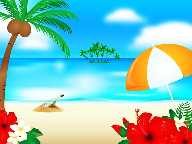 an orange and white umbrella sitting on top of a sandy beach, an illustration of, flower background, beautiful iphone wallpaper, palm trees on the beach, an illustration