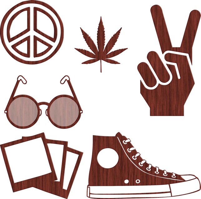 a pair of shoes, a pair of sunglasses, a pair of sunglasses, a peace sign, a pair of sunglasses, and a pair of, vector art, inspired by Mary Jane Begin, sots art, wood ornaments, hq textures, dark red, hemp