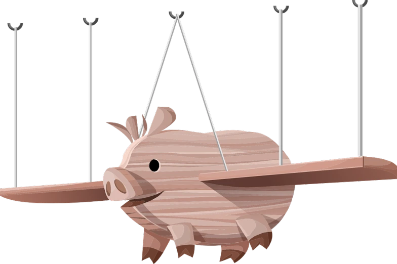 a pig that is sitting on a swing, a digital rendering, pixabay, mingei, big wooden club, on a flat color black background, ornithopter, wooden