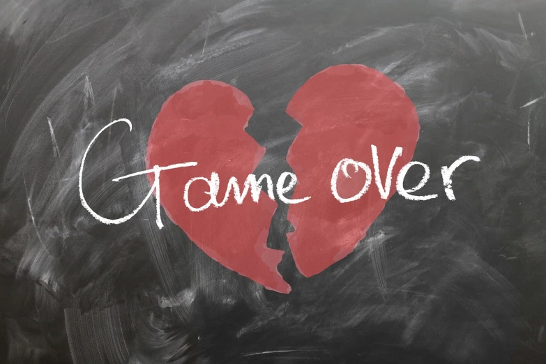 a blackboard with the word game over written on it, a picture, pixabay, broken heart, background image, in - game, take off