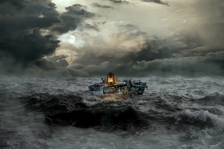 a boat floating on top of a large body of water, a matte painting, surrealism, stormy seas, boat with lamp, junk, tumultuous