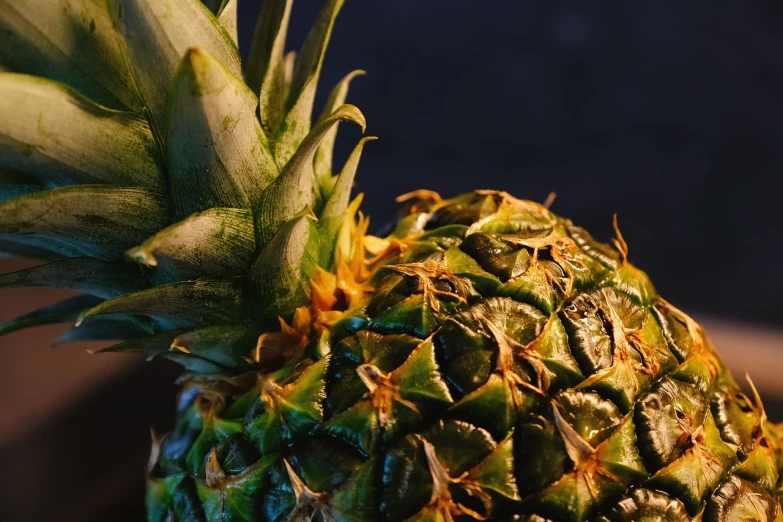 a close up of a pineapple on a table, a picture, by Adam Marczyński, pexels, hyperrealism, summer night, close up shot from the side, 4 k cinematic still, 🦩🪐🐞👩🏻🦳