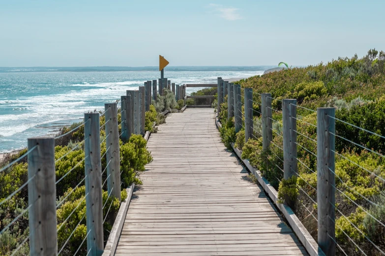 a wooden walkway leading to a beach next to the ocean, a picture, by Juan O'Gorman, shutterstock, melbourne, stock photo, hiking trail, marker”