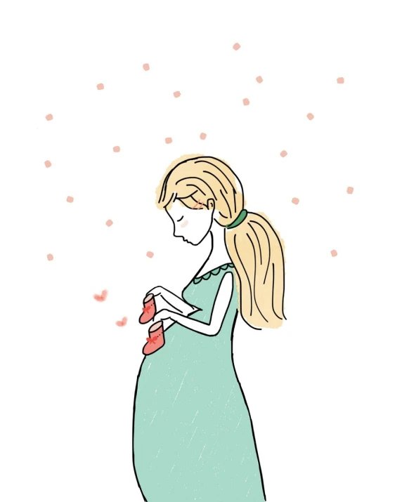 a drawing of a pregnant woman holding a bottle, a storybook illustration, by Yuko Tatsushima, tumblr, hearts, side profile view, animation, ribbon