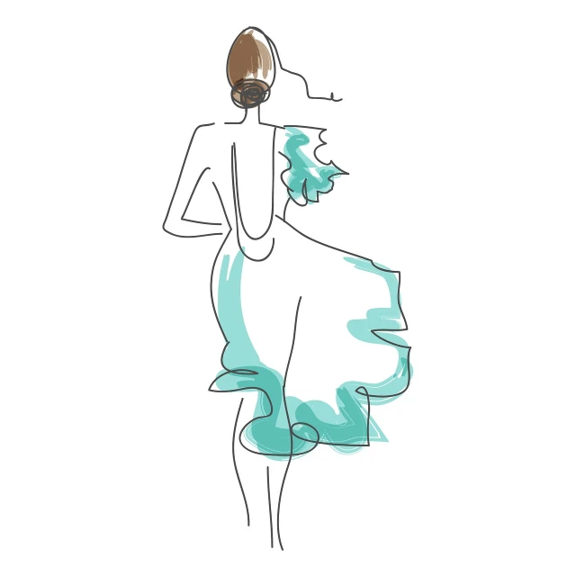 a drawing of a woman in a dress, inspired by Giambattista Pittoni, trending on pixabay, figuration libre, white and teal garment, bare back, vector line - art style, blurry and dreamy illustration