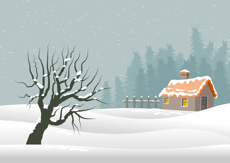 a small house sitting in the middle of a snow covered field, an illustration of, inspired by Charles E. Burchfield, shutterstock, pine color scheme, foreground, serene illustration, a wooden