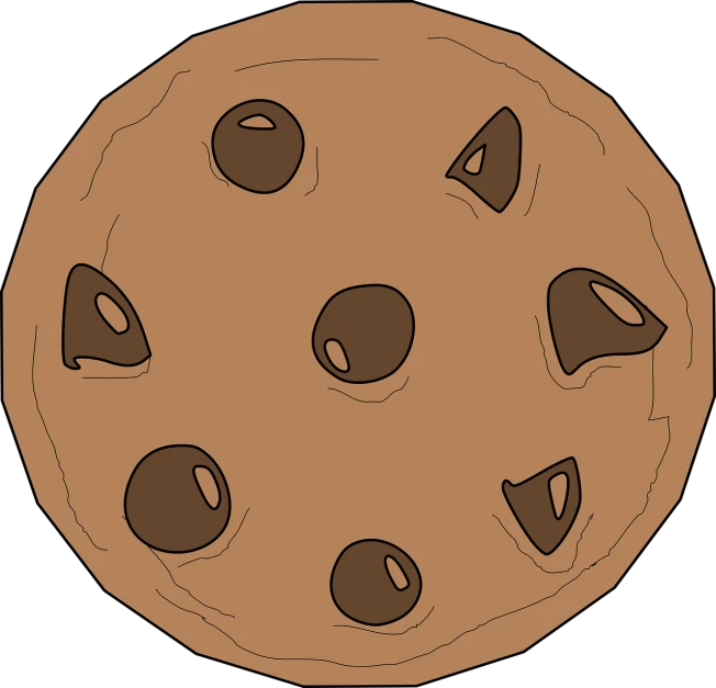 a chocolate chip cookie with chocolate chips on it, a detailed drawing, pixabay, nighttime, clean lineart and flat color, high angle close up shot, colored accurately
