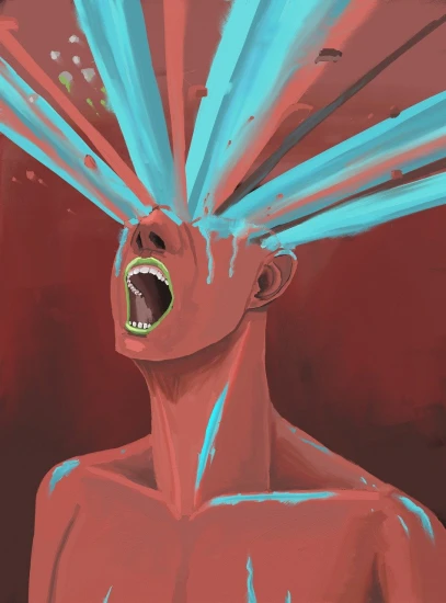 a close up of a person with blue hair, inspired by Yanjun Cheng, tumblr, digital art, man screaming, red and cyan, laser wip, concept illustration