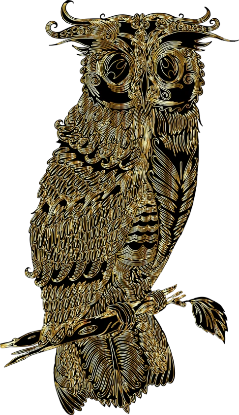 a golden owl sitting on top of a tree branch, a woodcut, trending on zbrush central, digital art, standing in gold foil, ((intricate)), long thick shiny gold beak, judy boyle intricate