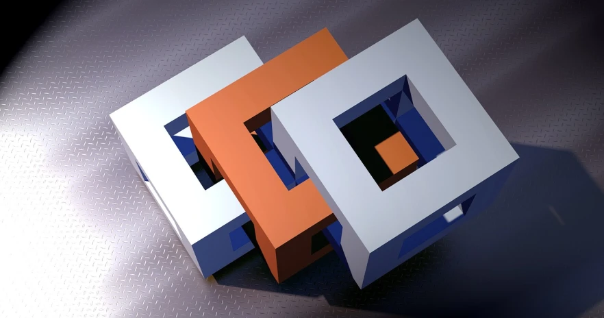 a couple of boxes sitting on top of a table, a 3D render, inspired by Josef Albers, polycount, geometric abstract art, blue and orange color scheme, peter eisenman, mathematical interlocking, the styles of escher and penrose