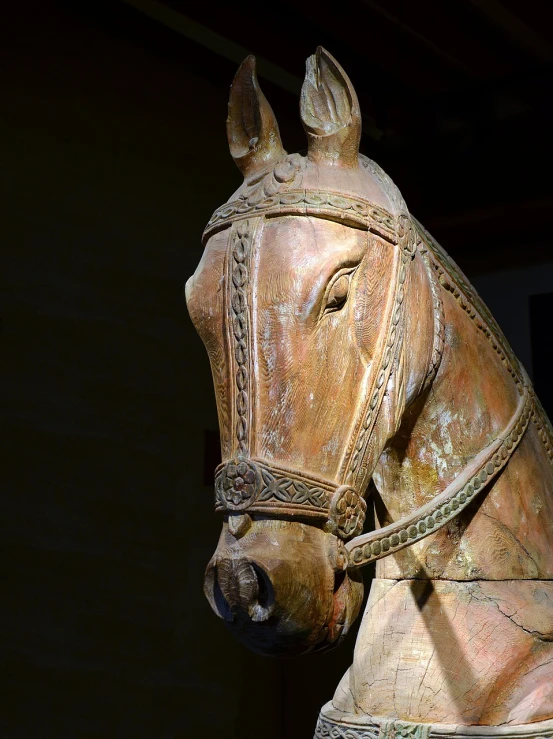 a statue of a horse wearing a bridle, pixabay, tang dynasty palace, ben hur, museum quality photo, multilayer