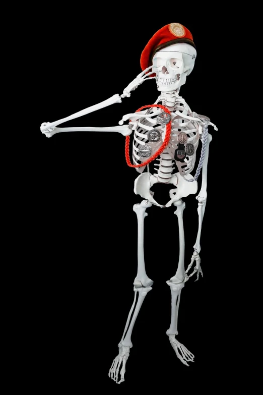 a skeleton wearing a hat and holding a pipe, a digital rendering, by Robert Brackman, neo-dada, red wires wrap around, full lenght view. white plastic, ventricles and aorta, -h 1024